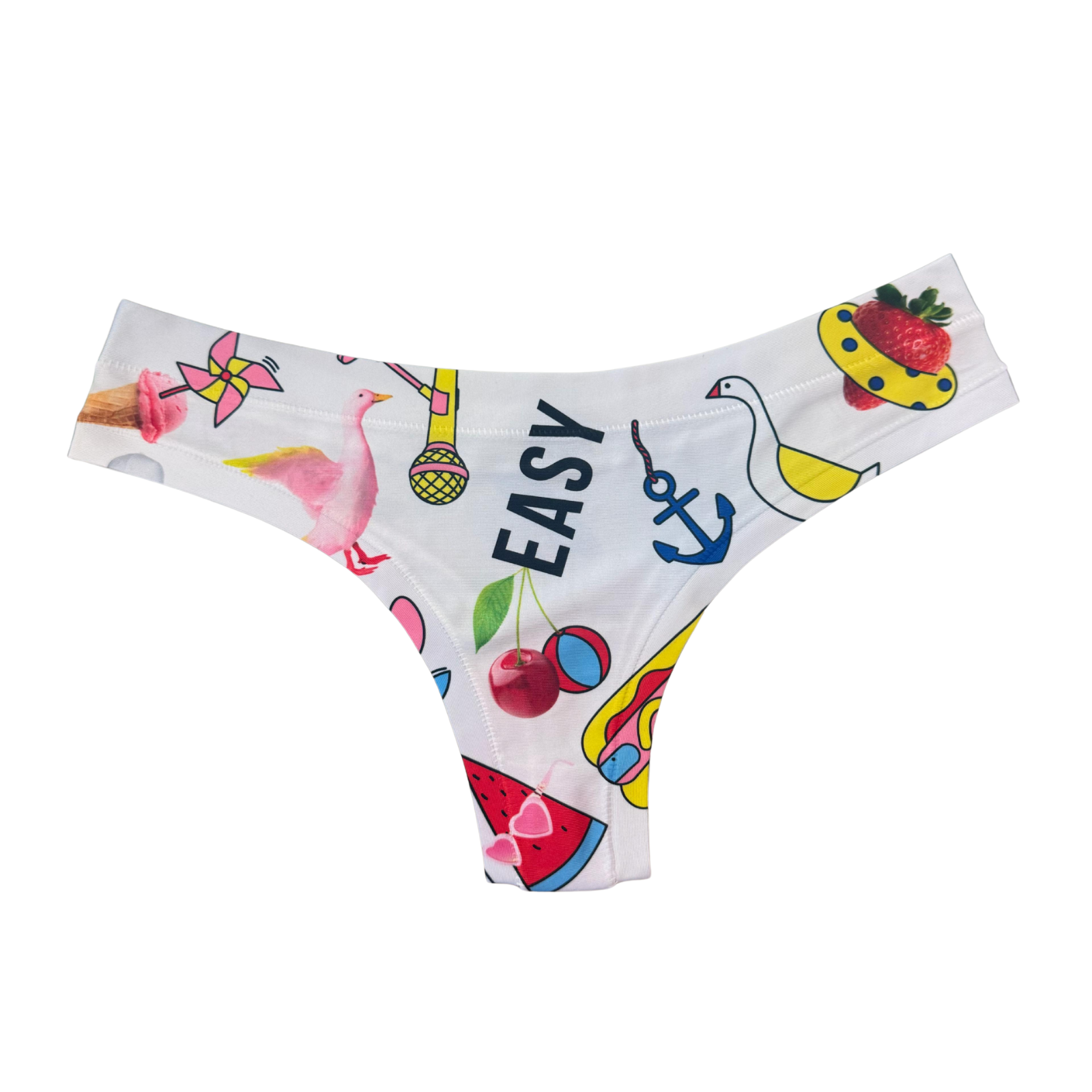 White thong with colorful summer-themed designs on a white background