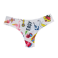 White thong with colorful summer-themed designs on a white background