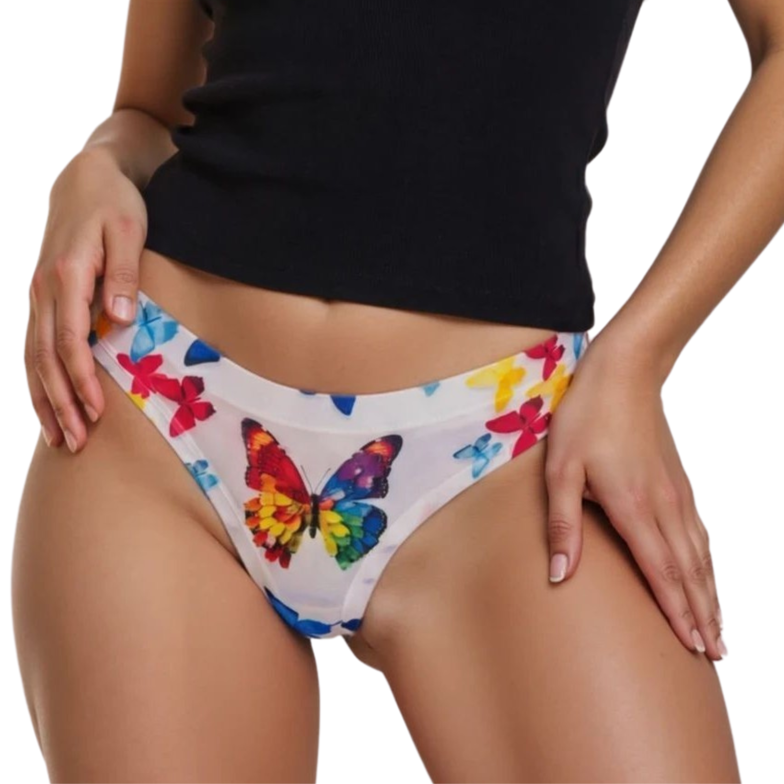 Colorful butterfly-patterned underwear worn by a person on a white background