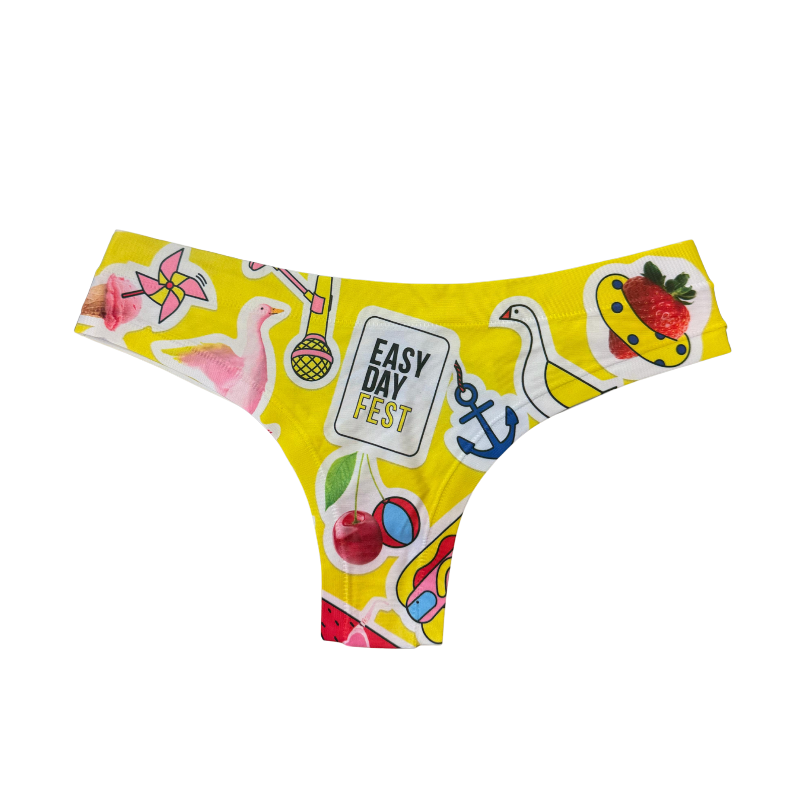 Colorful bikini bottom with various patterns on a white background