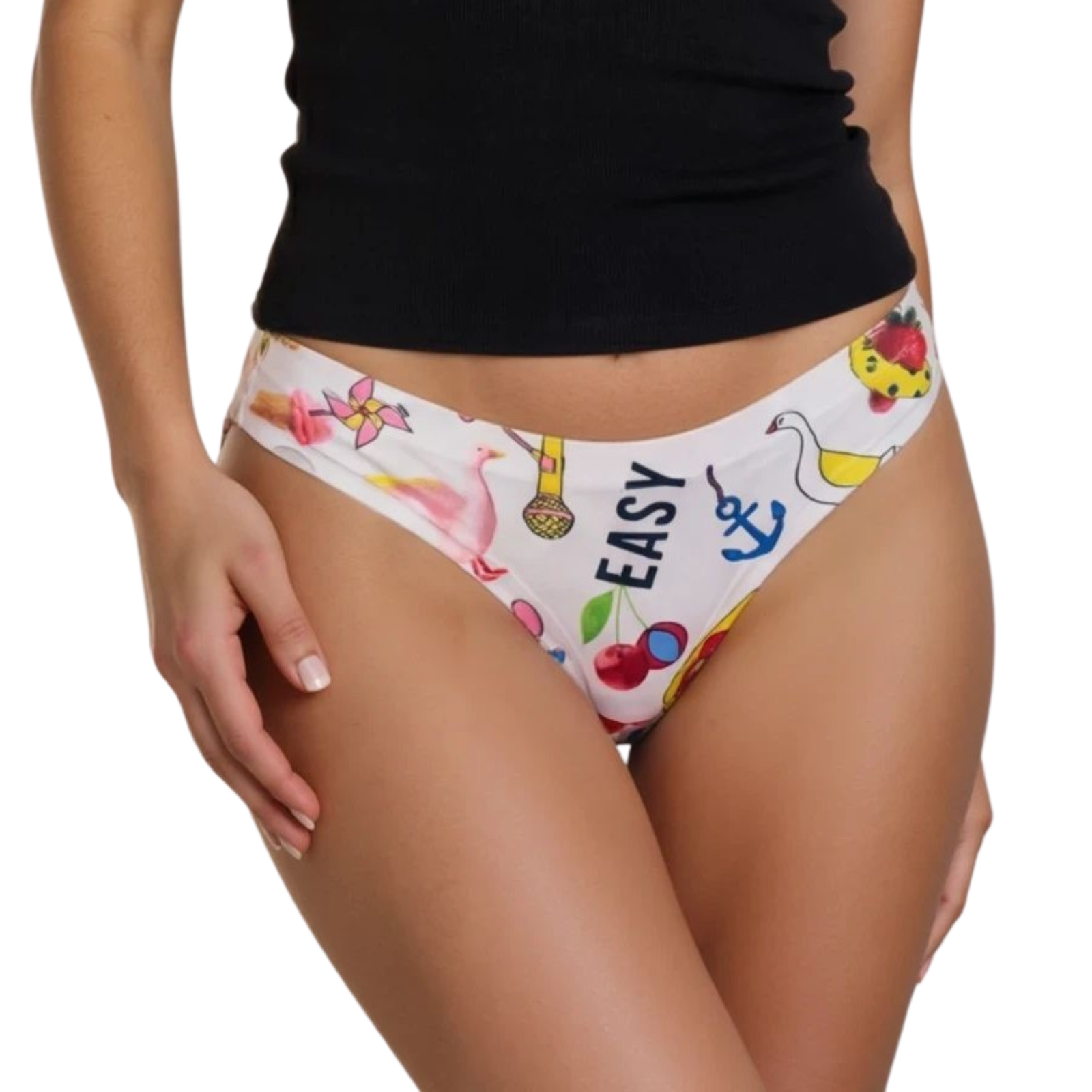 Colorful patterned underwear with text on a white background