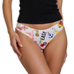 Colorful patterned underwear with text on a white background