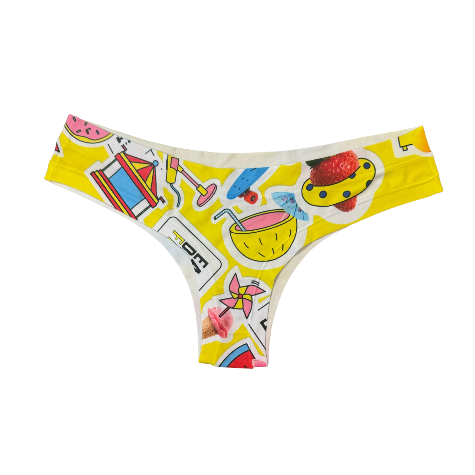 Colorful underwear with cartoon-like designs on a white background