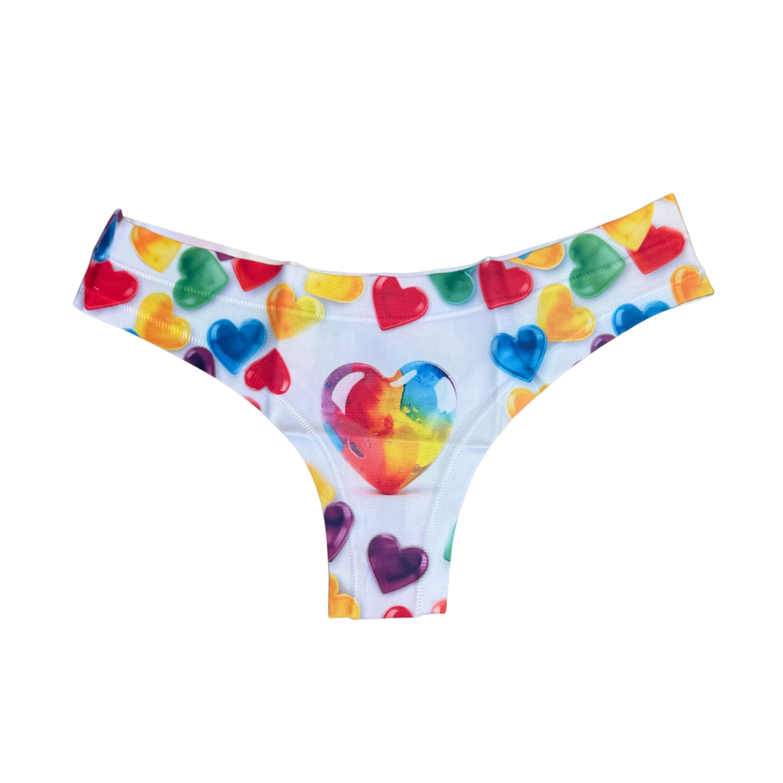 Colorful heart-patterned underwear on a white background