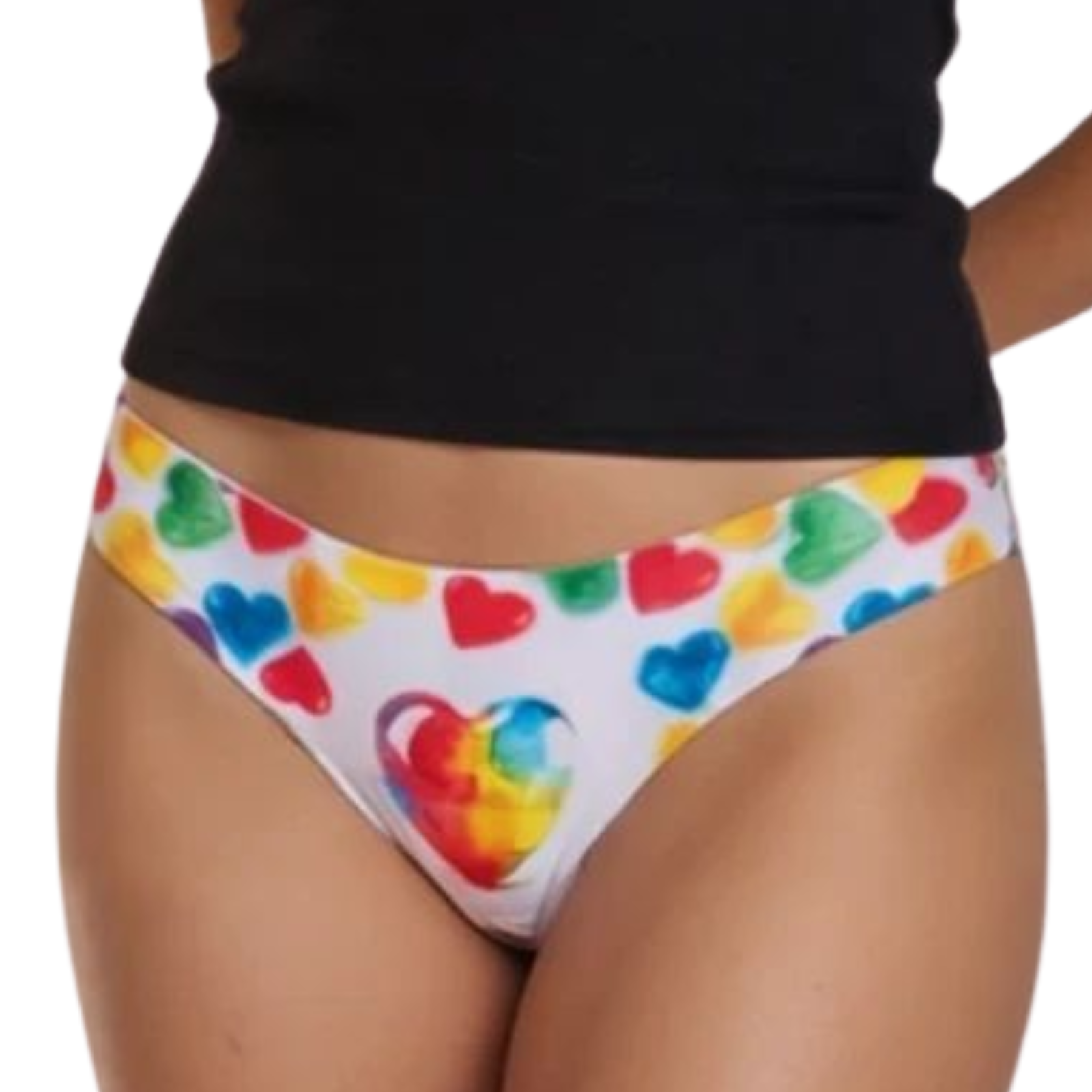 Colorful heart-patterned underwear worn by a person with a black top on a white background