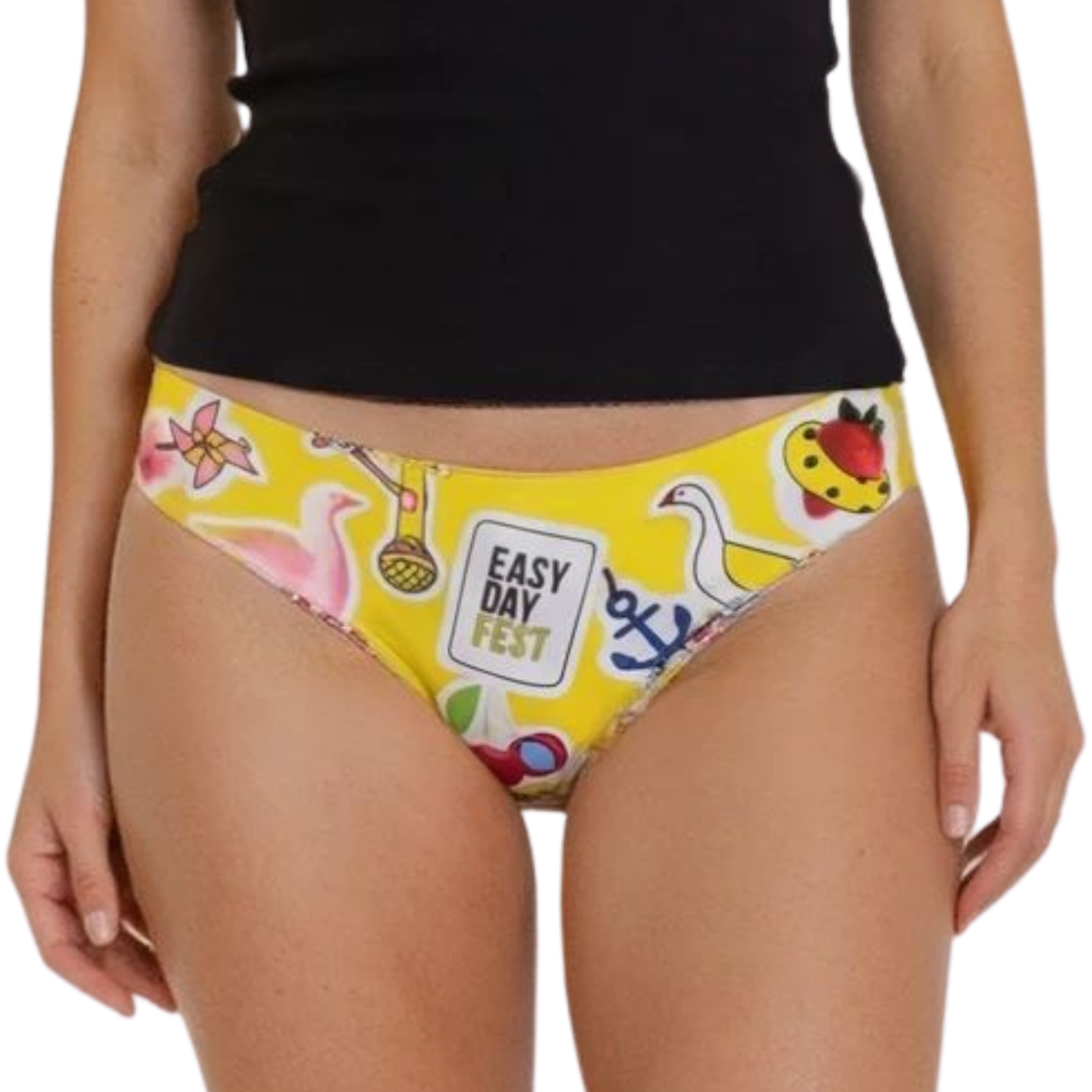 Person wearing a black top and yellow patterned underwear with 'Easy Day Fest' text.