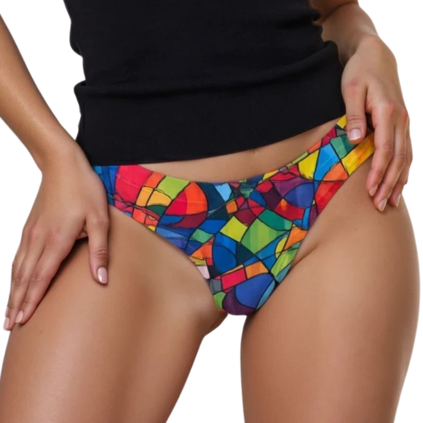 Colorful patterned underwear worn by a person on a white background